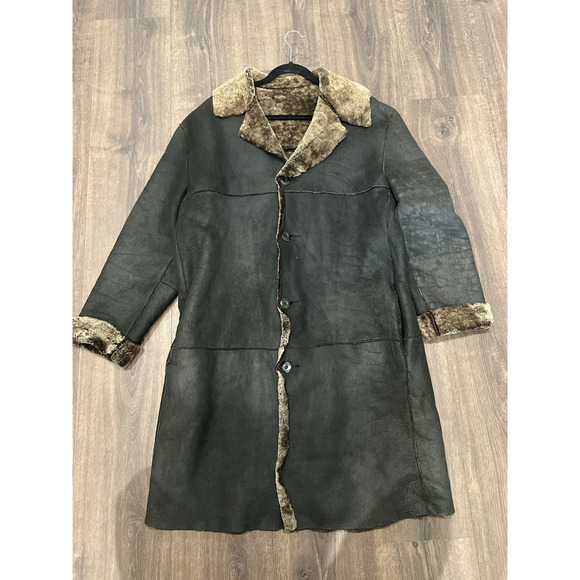 Schott NYC Long leather Shearling Fur Coat Collared Black Unisex Reversible Sz L - Picture 10 of 11